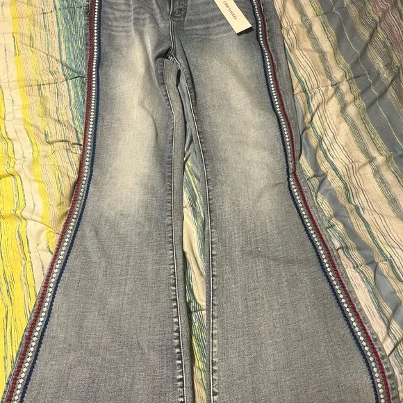 DRIFTWOOD Light Blue Flare Jeans with Red and Blue Trim - Picture 1 of 4